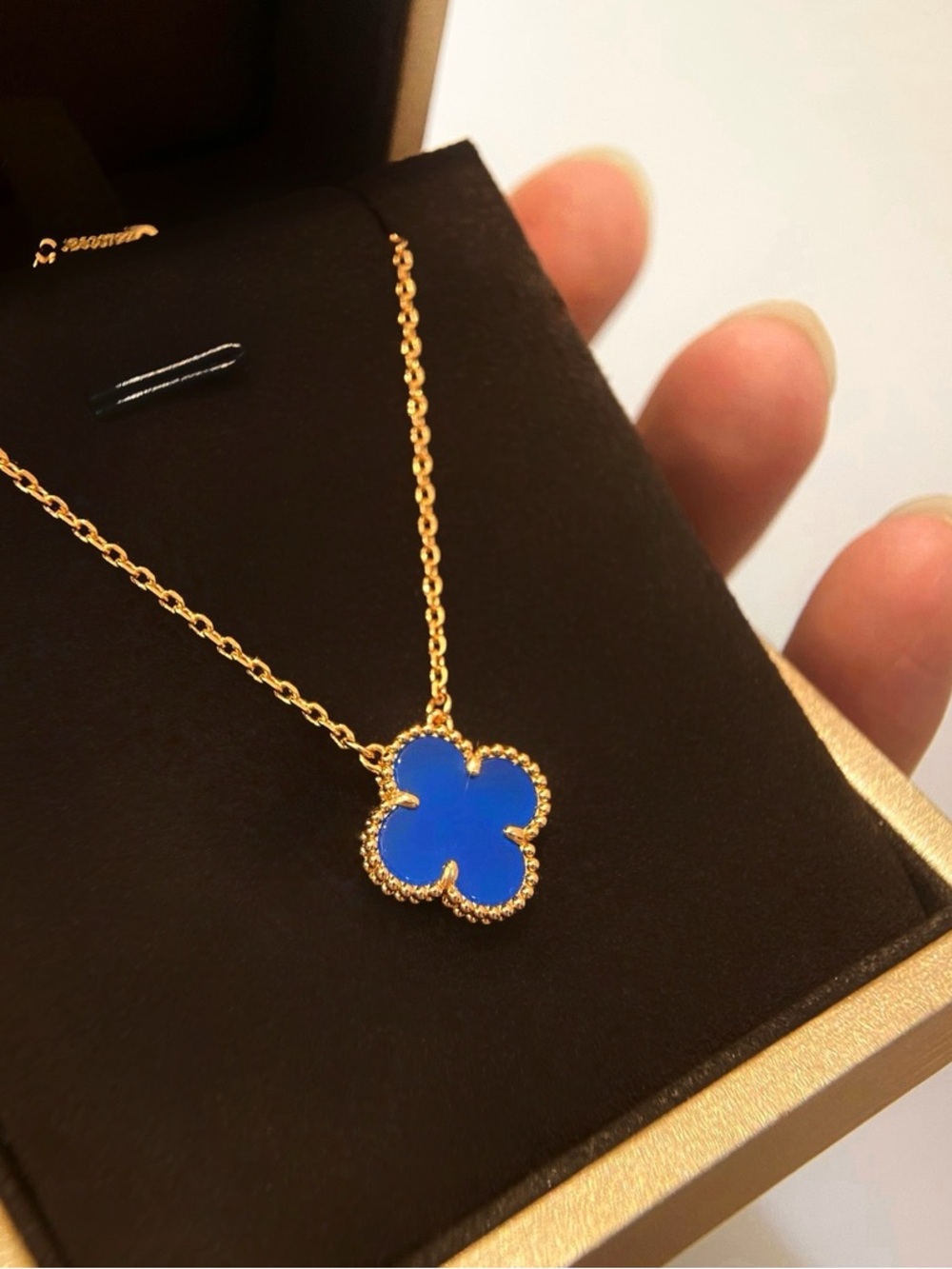 Van Cleef & Arpels Blue Enamel Alhambra Necklace - Gold